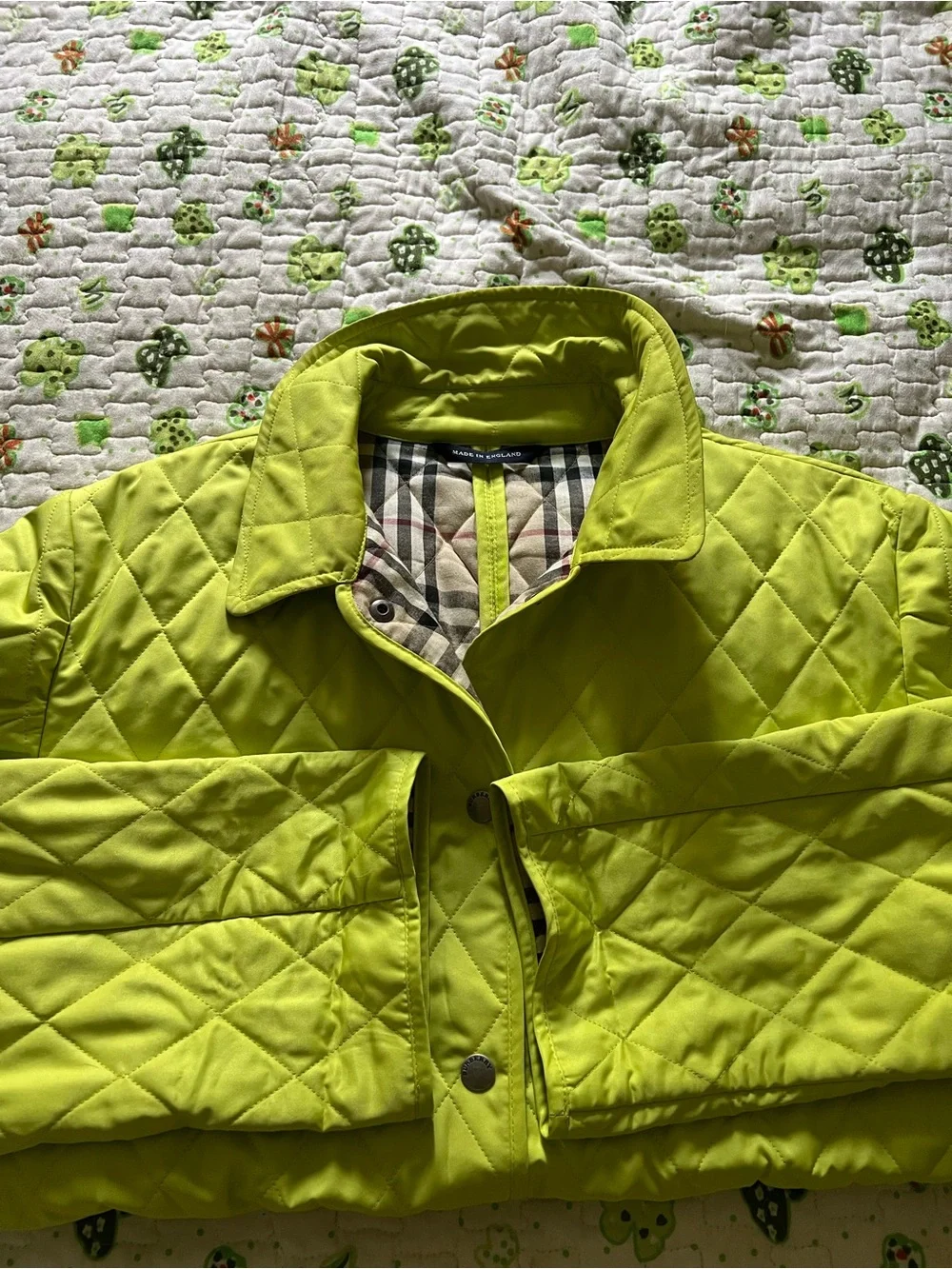 Burberry Quilted Lime Green Jacket with Plaid Lining